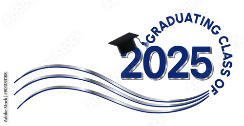 White background - Graduating Class of 2025 in blue and silver text in circle. 2025 is in royal blue text. Graduation cap with blue tassel on top of the year. Wavy silver and blue lines accent.