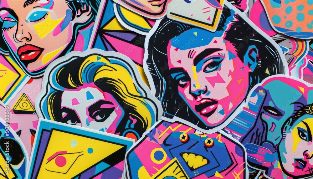Sharp photo cool trendy girly retro stickers with faces and cartoon comic patches, bold geometric Sharp photo cool trendy girly retro stickers with faces and cartoon comic patches, bold geometric