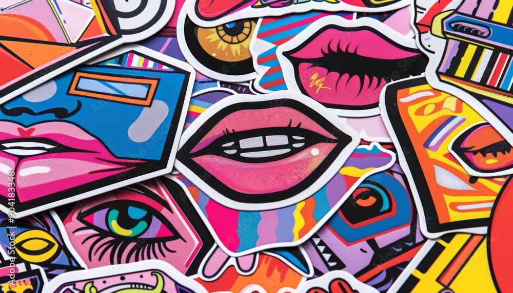 Sharp photo cool trendy girly retro stickers with faces and cartoon comic patches, bold geometric Sharp photo cool trendy girly retro stickers with faces and cartoon comic patches, bold geometric