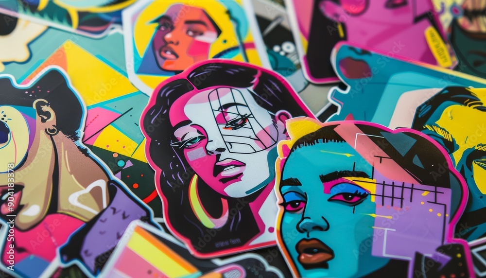 Sharp photo cool trendy girly retro stickers with faces and cartoon comic patches, bold geometric Sharp photo cool trendy girly retro stickers with faces and cartoon comic patches, bold geometric
