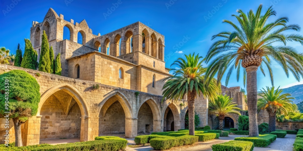 Naklejka premium Historical Bellapais Abbey with stone walls, arches, and palm trees under blue sky on a sunny day