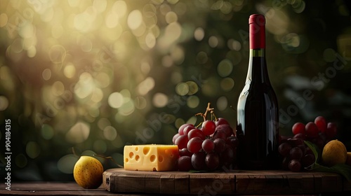 Elegant still life with wine bottle, cheese, grapes, and fruit on wooden board in natural light.