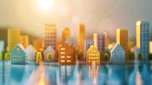 Fototapeta Naklejka Na Ścianę i Meble -  Miniature city model with colorful buildings and trees at sunset..