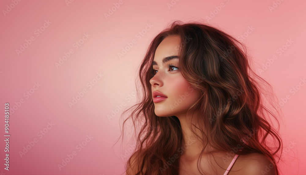 The side profile of an attractive young white female model with wavy brown hair, isolated on an light pink background, shot in a studio. The side profile of an attractive young white female model with wavy brown hair, isolated on an light pink background, shot in a studio.