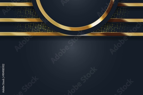 Dark blue background with golden stripes and circular frame.