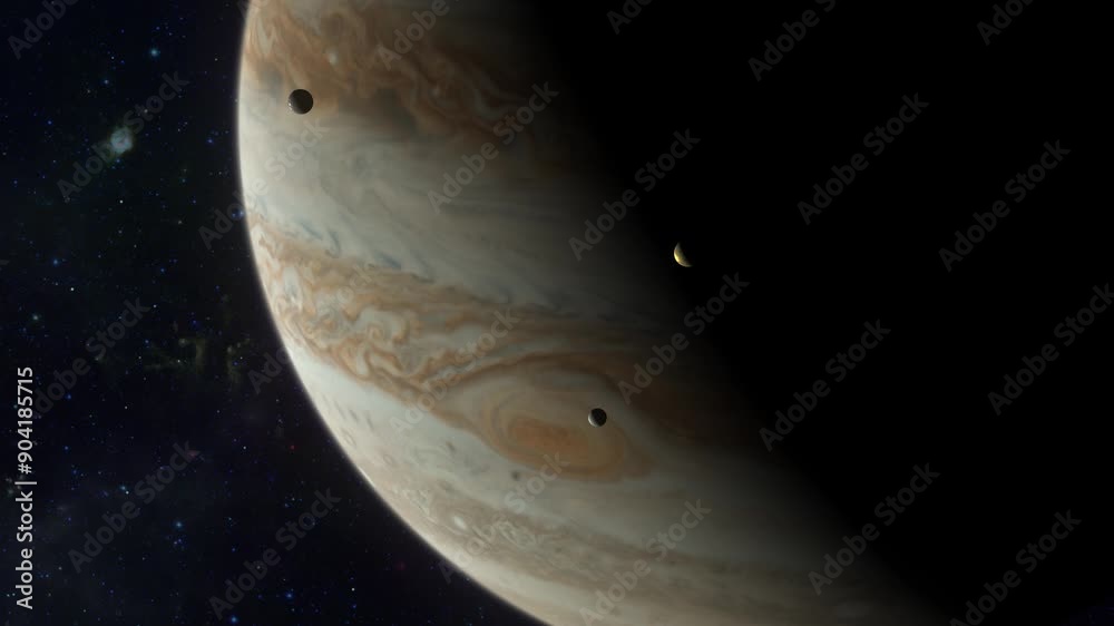 A close-up of planet Jupiter, orbited by three of its moons, with the Great Red Spot and Jupiter's surface spinning and warping, depicting a turbulent stormy atmosphere.