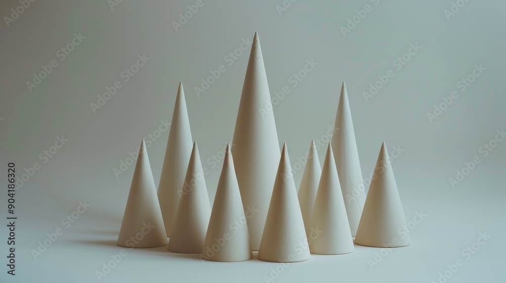 Minimalistic geometric cones arranged on a neutral background in soft lighting