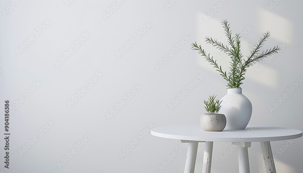 White round table with vase, rosemary plant in flowerpot, white wall, minimalistic style, realistic image. White round table with vase, rosemary plant in flowerpot, white wall, minimalistic style, realistic image.