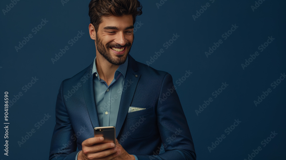 Stylish Young Man Smiling While Checking His Smartphone Against a Dark Background Stylish Young Man Smiling While Checking His Smartphone Against a Dark Background