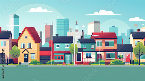 Cartoon-style neighborhood with colorful houses and city skyline in background. photo