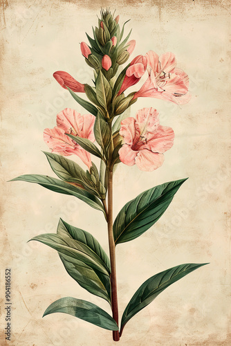 44. Vintage botanical illustration with a focus on detailed textures of flowers and animals