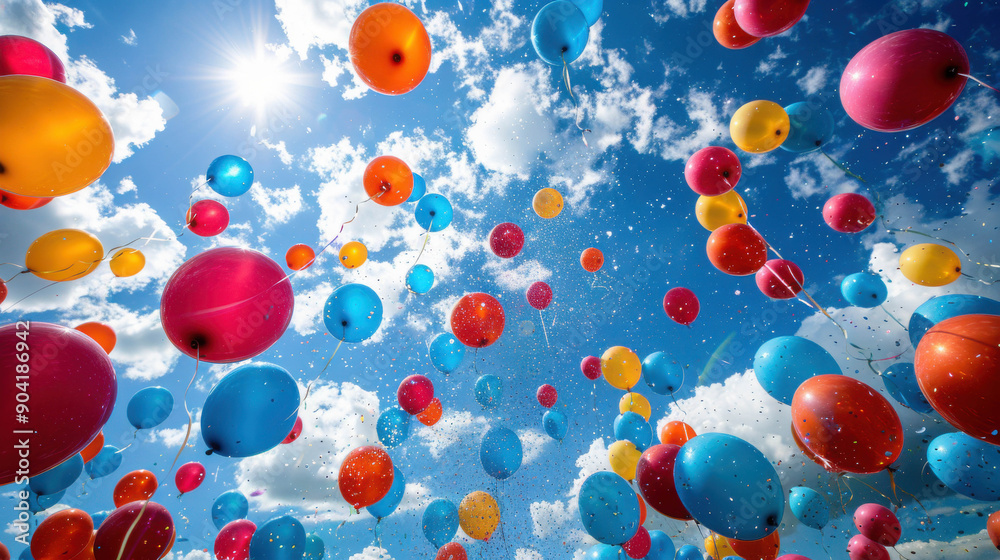 Bright and colorful balloons floating up towards a sunny sky filled with soft clouds, creating a joyful and festive atmosphere.
Bright and colorful balloons floating up towards a sunny sky filled with soft clouds, creating a joyful and festive atmosphere.