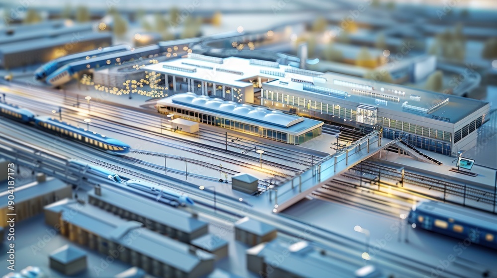 Generate a photo realistic image of a maquette depicting a transportation hub with terminals, transit lines, and connectivity infrastructure; ensure the image is of high resolution for clear