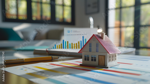 Miniature house on financial documents, real estate market analysis.