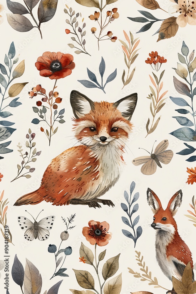Fototapeta premium 52. Seamless pattern of botanical elements and woodland creatures in a soft, watercolor style