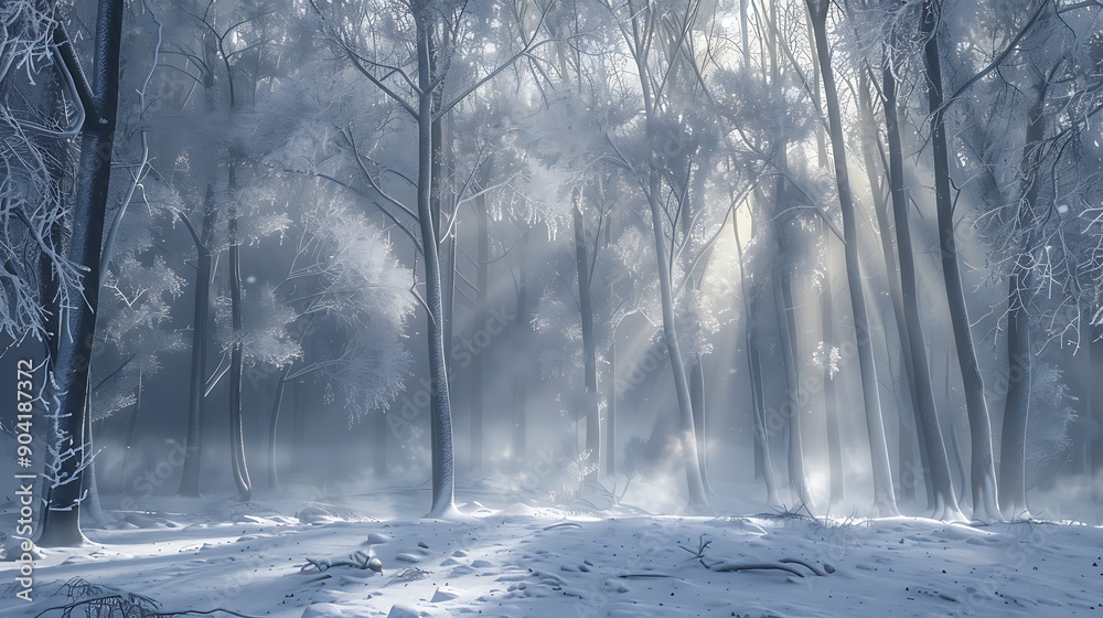 Naklejka premium A view of a forest with misty morning light shining through snow covered trees