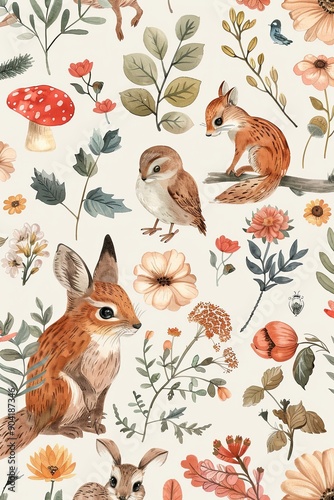 52. Seamless pattern of botanical elements and woodland creatures in a soft, watercolor style