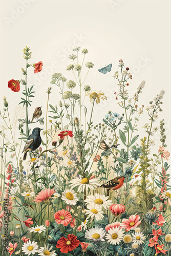 53. Detailed drawing of a variety of wildflowers, greenery
