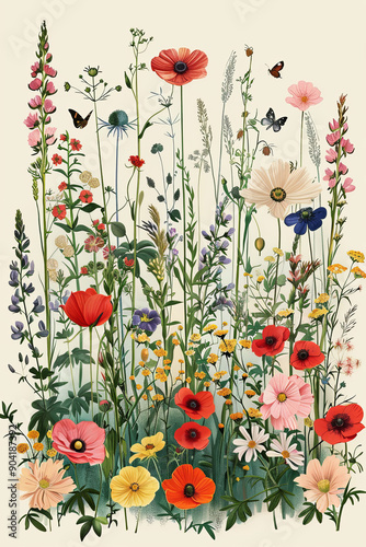 53. Detailed drawing of a variety of wildflowers, greenery
