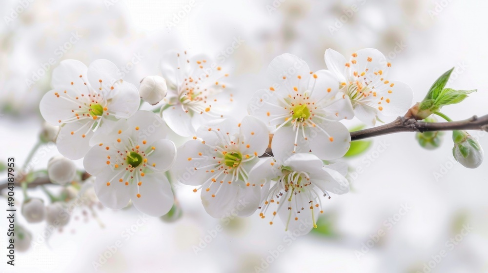 Delicate flowering branch capturing the essence of spring beauty in bloom against a clear, bright background. Delicate flowering branch capturing the essence of spring beauty in bloom against a clear, bright background.