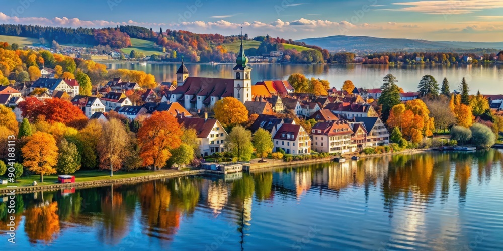 Obraz premium Small town of Markdorf on Lake Constance surrounded by colorful autumn foliage, Markdorf, Bodensee, Germany, fall, autumn