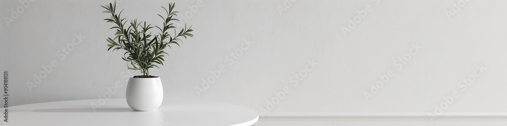 White round table with vase, rosemary in flowerpot, minimalism, plain white wall, HD capture. White round table with vase, rosemary in flowerpot, minimalism, plain white wall, HD capture.