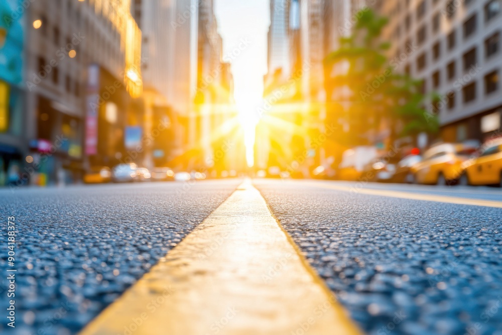 A dynamic city scene with a low-angle view of an urban street. The focus is on the bright yellow lane divider in the middle of the road, with the sun shining brightly in the background. A dynamic city scene with a low-angle view of an urban street. The focus is on the bright yellow lane divider in the middle of the road, with the sun shining brightly in the background.