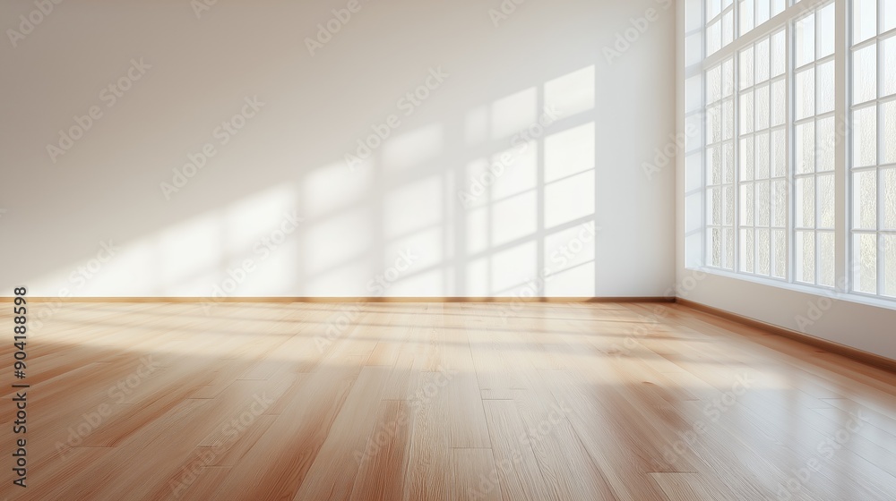 Bright sunlit room with large windows and wooden flooring in a minimalist design. Bright sunlit room with large windows and wooden flooring in a minimalist design.