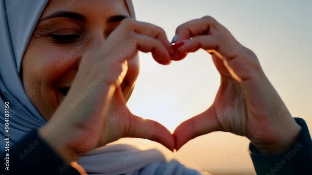 Muslim woman in hijab looking through heart shaped joined fingers. Heart shape united hands frame Valentines Day romantic loving wife husband relationship love Muslim woman in hijab looking through heart shaped joined fingers. Heart shape united hands frame Valentines Day romantic loving wife husband relationship love