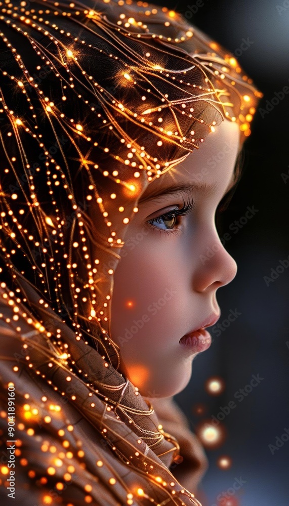 A young girl with a thoughtful expression, her face illuminated by a veil of shimmering lights. A young girl with a thoughtful expression, her face illuminated by a veil of shimmering lights.