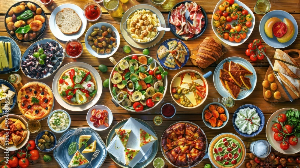Full table of delicious Dinner party table European foods and drinks from top view Full table of delicious Dinner party table European foods and drinks from top view
