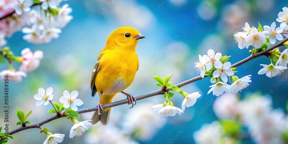 Vibrant yellow bird perched on blossoming branch in springtime, vibrant, yellow, bird, perched, blossoming, branch Vibrant yellow bird perched on blossoming branch in springtime, vibrant, yellow, bird, perched, blossoming, branch