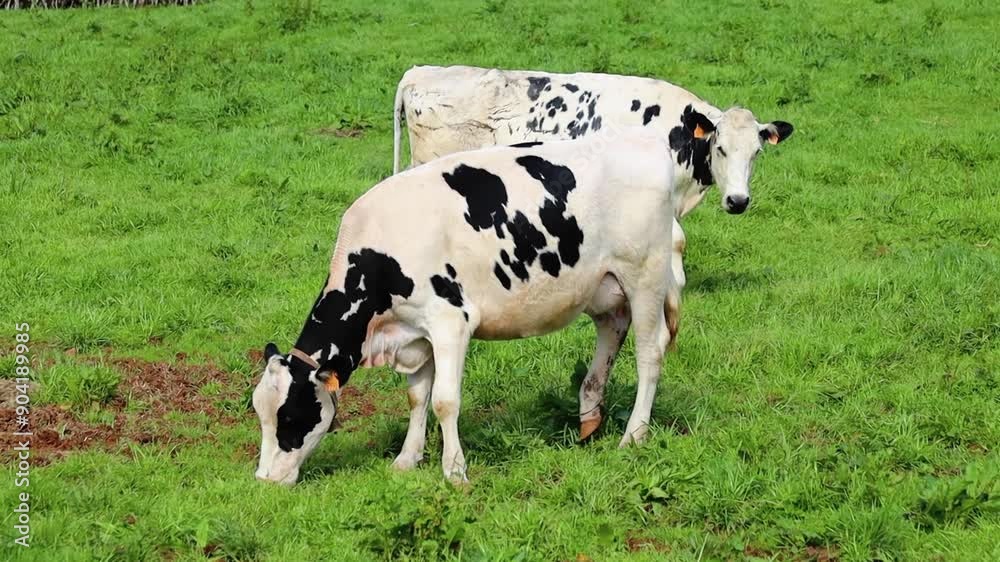 Cows grazing on the green pasture eating grass Cows grazing on the green pasture eating grass