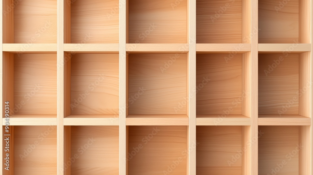 Empty wooden shelving unit for storage or display arranged in grid pattern, 3d illustration. Empty wooden shelving unit for storage or display arranged in grid pattern, 3d illustration.