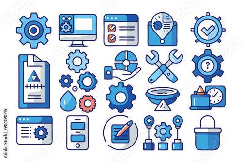 Blue and White Cartoon Icons of Gears, Technology, and Web Elements