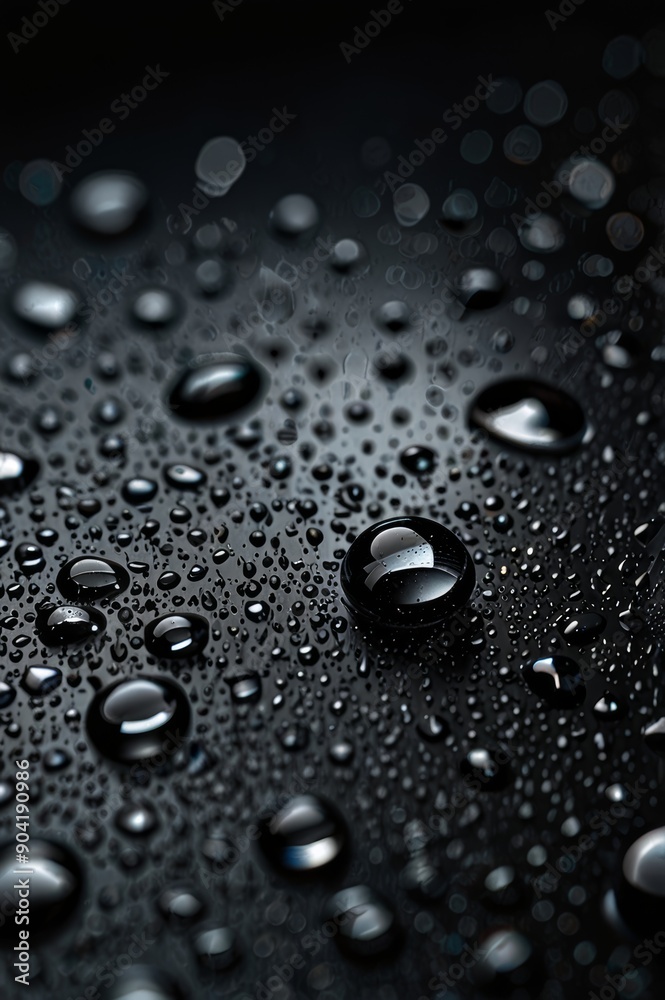 A black glass surface with water drops on it, the drops are large and reflect the surrounding space A black glass surface with water drops on it, the drops are large and reflect the surrounding space