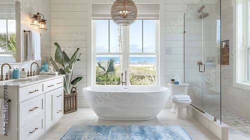 A coastal bathroom with a freestanding tub, white and blue tiles, marble vanity, nautical fixtures, large windows with ocean views, and a fresh, airy design, hd quality, natural look. --ar 16:9 --v 6.