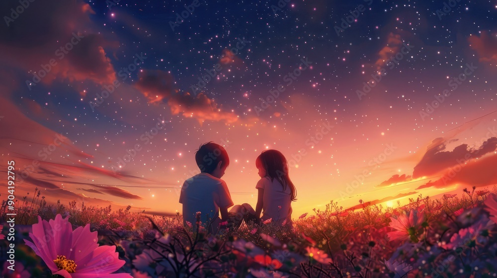 little girl and boy childhood friend sitting together in pink flower field at dawn under starry sky, anime wallpaper design, Generative Ai little girl and boy childhood friend sitting together in pink flower field at dawn under starry sky, anime wallpaper design, Generative Ai