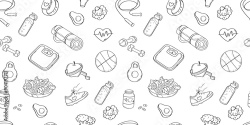 Healthy lifestyle seamless pattern. Sport equipment, fitness accessories and diet food elements in doodle style on white background. 
