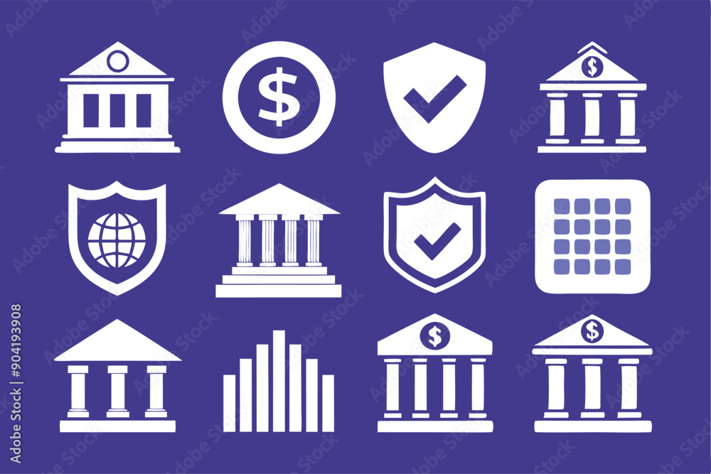 White Bank and Financial Icons on a Purple Background White Bank and Financial Icons on a Purple Background