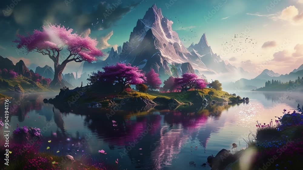 amazing view of mountains and lakes, cherry trees, fantasy world, cartoon or anime digital painting illustration style, seamless looping 4k video animation background amazing view of mountains and lakes, cherry trees, fantasy world, cartoon or anime digital painting illustration style, seamless looping 4k video animation background
