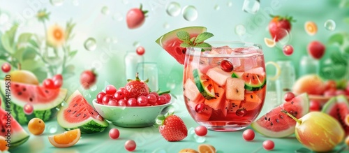 Traditional Korean watermelon punch Subak Hwachae cocktail features abundant fruit slices and tapioca boba pearls in a glass and bowl for a party setting amendable for a copy space image photo