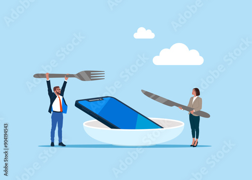 Internet addiction. Business people hold fork knife eat smartphone. Mobile Knife and fork, eating. Flat vector illustration