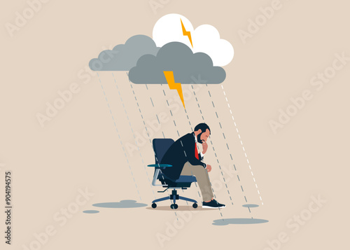 Emotional crisis. Depressed businessman tired and holding his head sitting on the chair rain as the negative thoughts stands. 