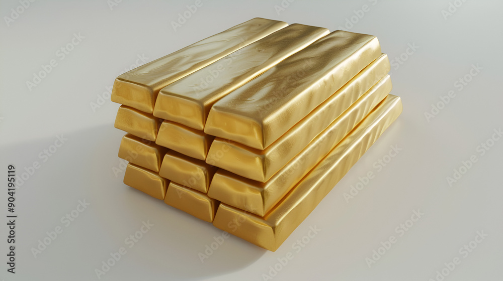 Neatly Stacked Thin Rectangular Gold Bars on White Background