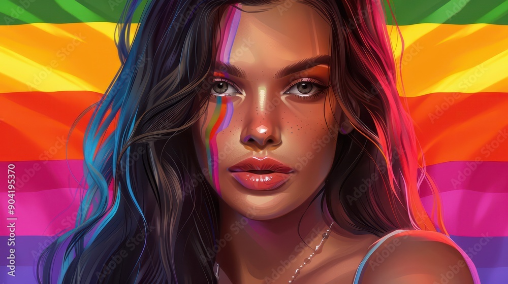 Obraz premium Retrato de mujer cabello largo, con anteojos, bandera. LGBT, inclusiÃ³n, vertical