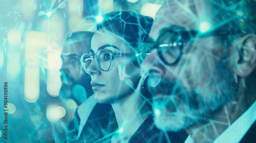 Group of business experts with data overlays Group of business experts with data overlays