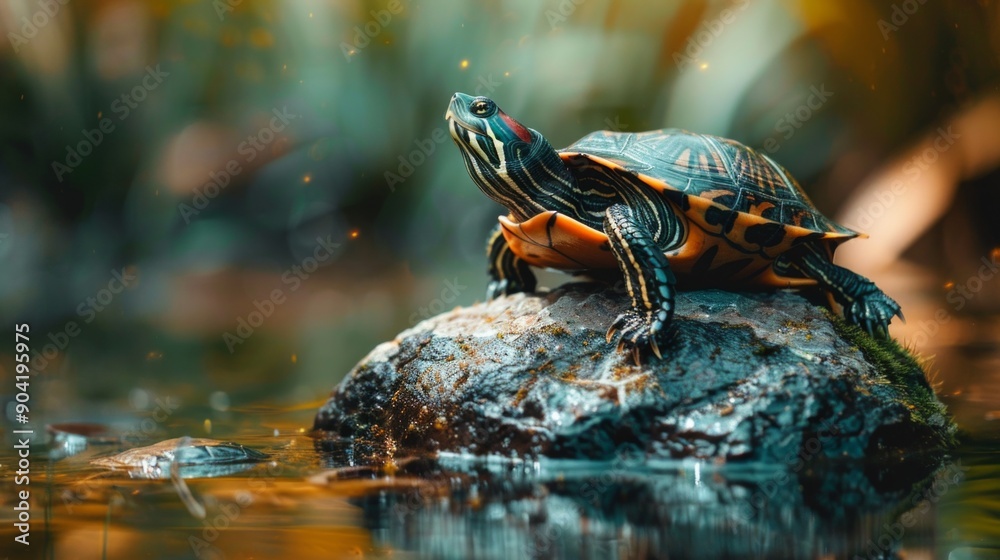 A red-eared slider perched on a rock in water, head turned left, limbs positioned. Forest backdrop with greenery, calm and serene ambiance despite wild setting. A red-eared slider perched on a rock in water, head turned left, limbs positioned. Forest backdrop with greenery, calm and serene ambiance despite wild setting.
