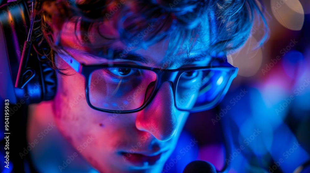 A young male gamer, focused on a screen, wears glasses and a headset, lit by dynamic neon lights, showing his serious immersion in gaming. A young male gamer, focused on a screen, wears glasses and a headset, lit by dynamic neon lights, showing his serious immersion in gaming.