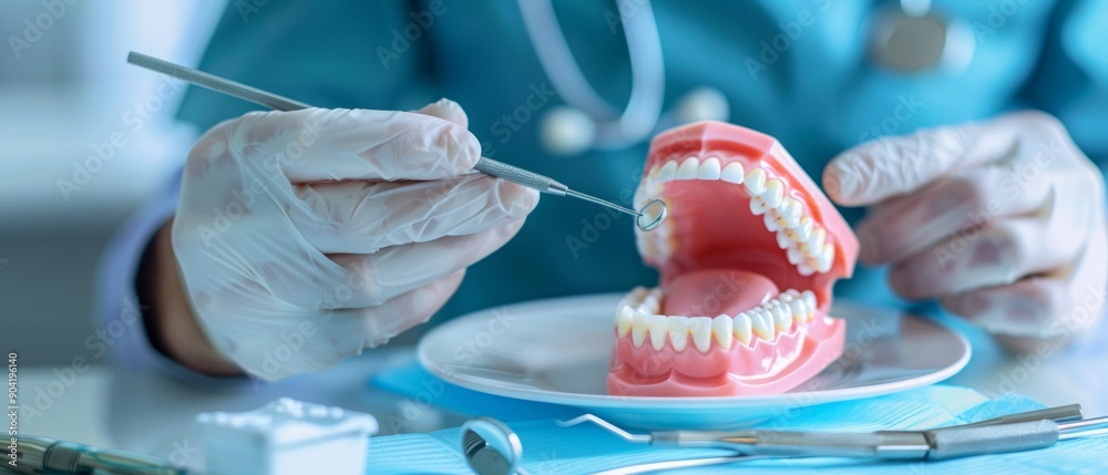 A dentist demonstrates dental procedures using a detailed model of human upper teeth, surrounded by dental instruments and a laptop in a professional office setting. A dentist demonstrates dental procedures using a detailed model of human upper teeth, surrounded by dental instruments and a laptop in a professional office setting.